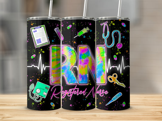 Tandem tumblers with "RN" and medical icons on a black, colorful background.