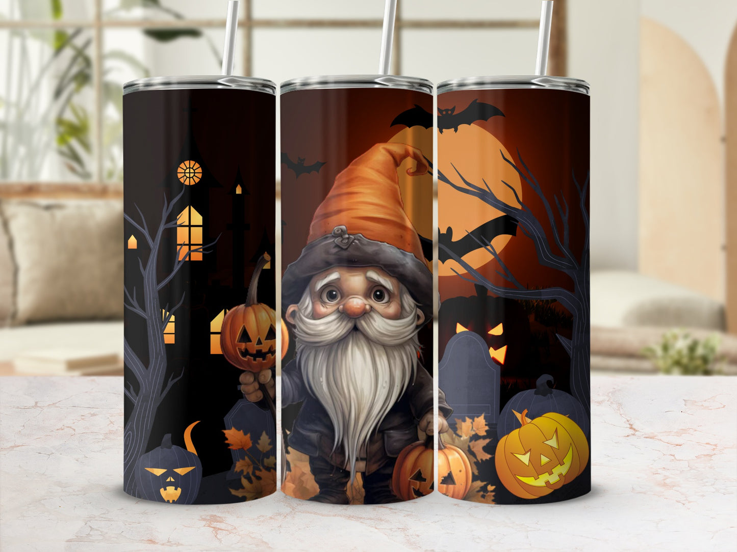 Halloween Gnome Pumpkin and Haunted House Tumbler