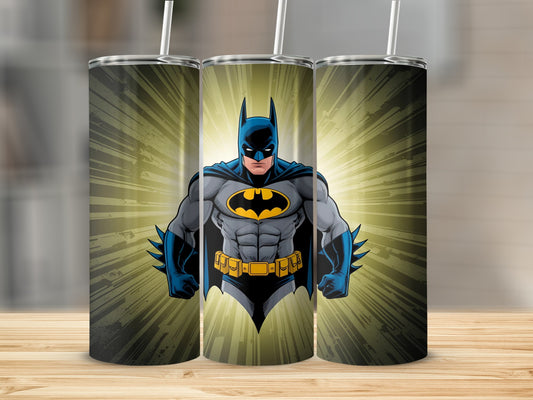 Batman illustration with a starburst background on a tumbler.