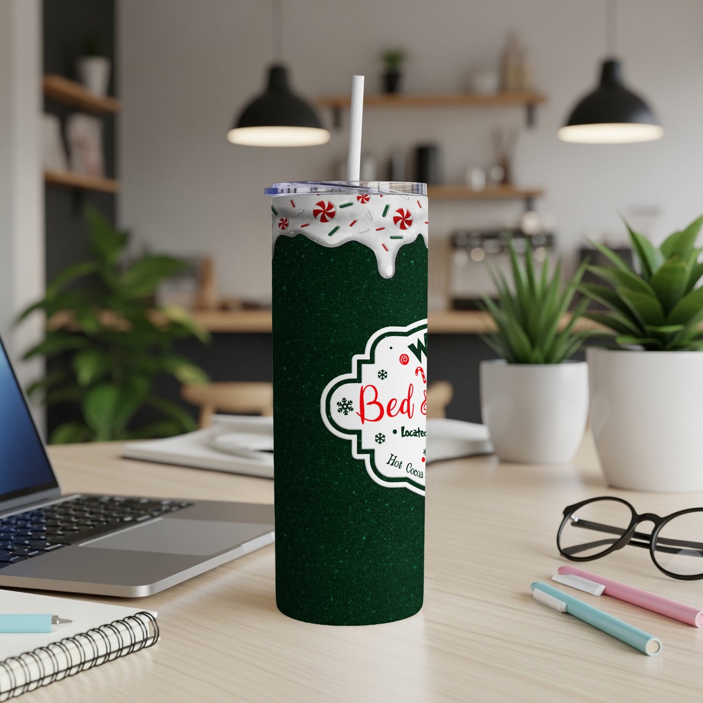 Green speckled tumbler with "Bed & Breakfast" text and peppermint candy design.