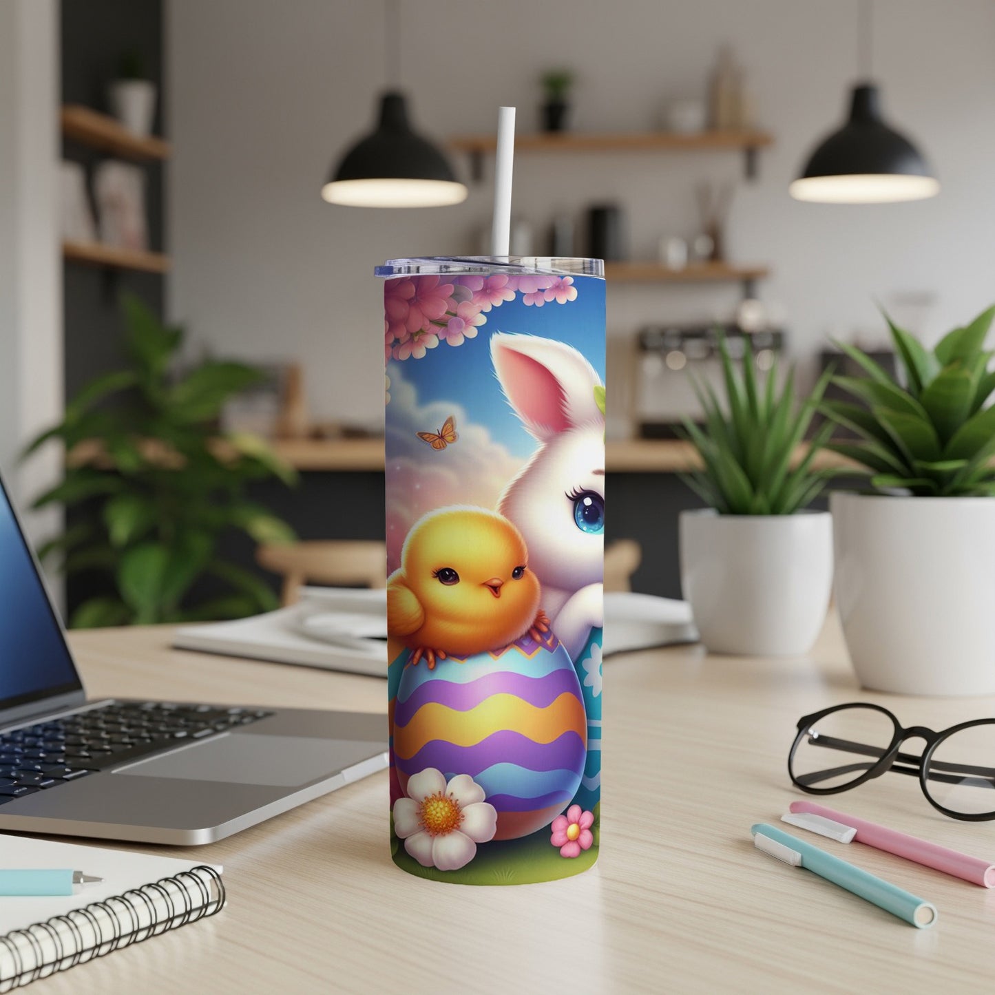 Easter bunny and chick on a colorful egg, with flowers and butterflies.