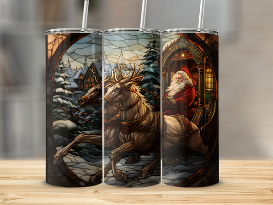 Santa in sleigh pulled by reindeer through stained glass winter village scene.