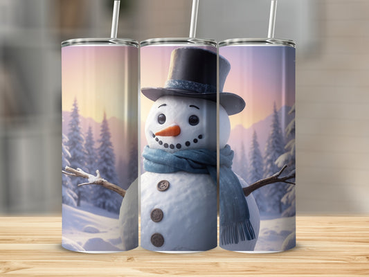 Snowman with blue scarf and top hat in snowy forest landscape.