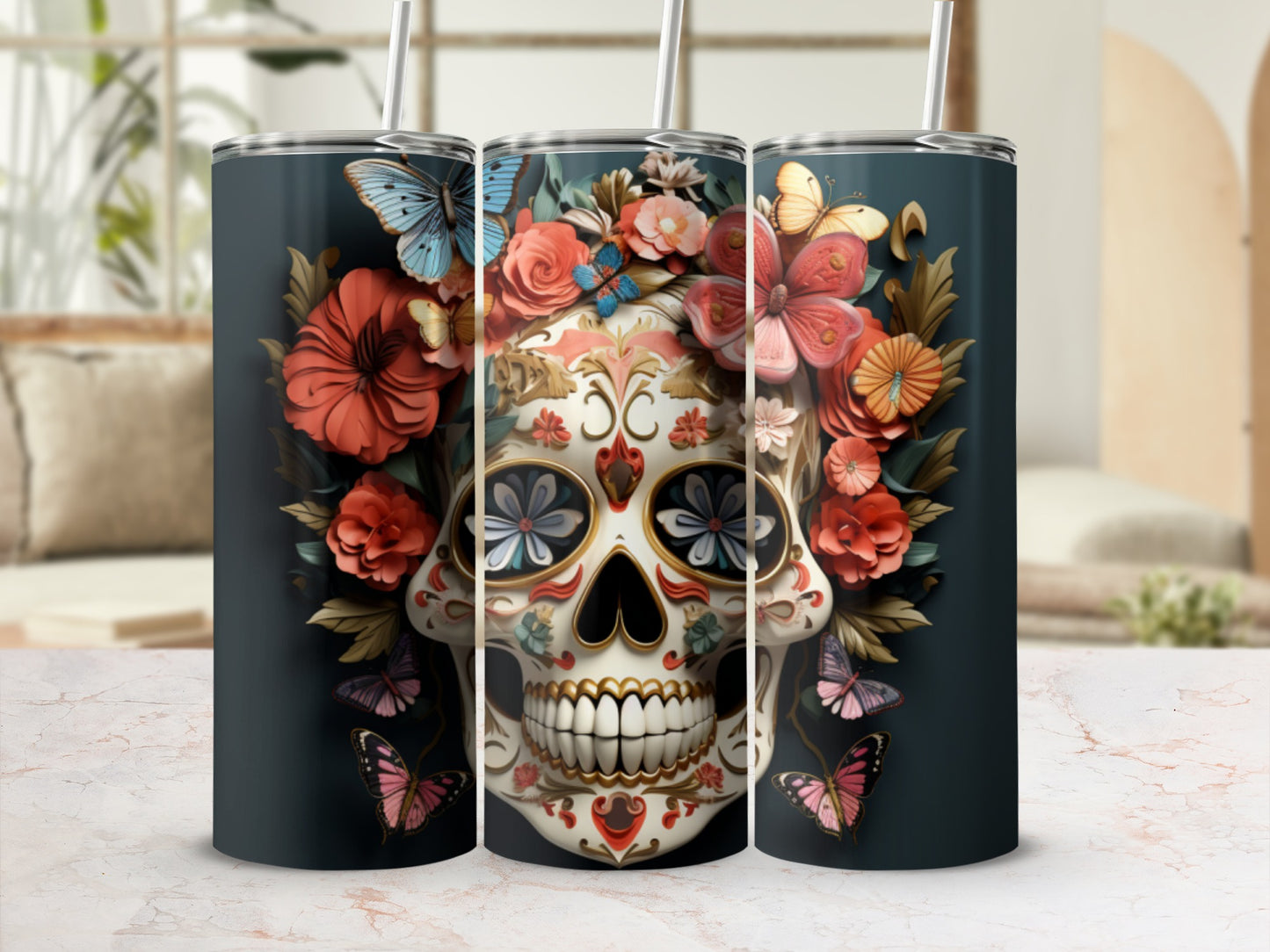 Floral Skull and Butterflies Tumbler with Straw