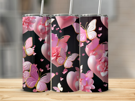 Pink tumblers with butterflies and hearts against a black background.