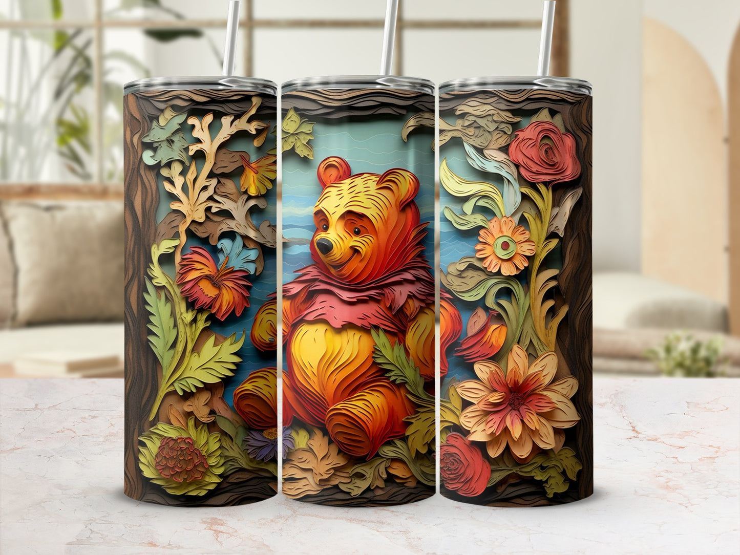 Floral Bear Art Tumbler with Straw and Intricate Details
