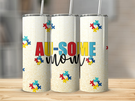 "Awesome Mom" text on a tumbler with a scattered puzzle piece design.