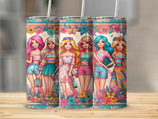Barbie dolls with colorful outfits and floral patterns on a tumbler.