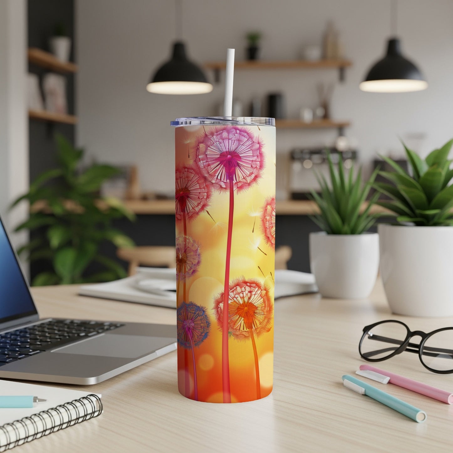 Tumbler with dandelion design and straw on a desk.