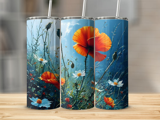Three tumblers with poppy and wildflower floral design.