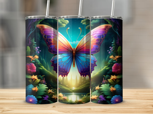 Colorful butterfly over enchanted forest scene on a tumbler.