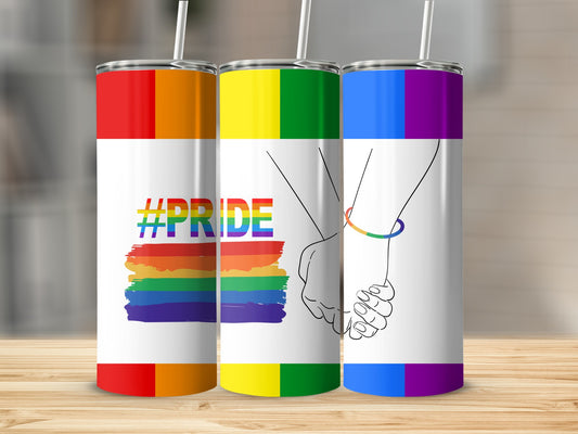 Three pride flag tumblers with #PRIDE hashtag and hand illustration.