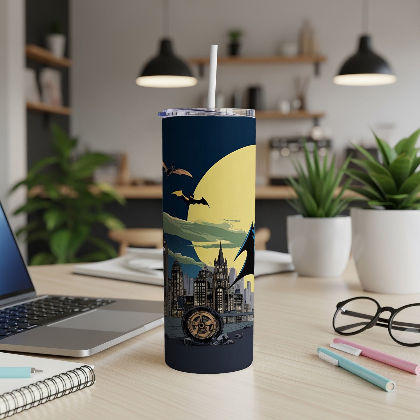 Batman cityscape with bats and moon, white straw in tumbler.