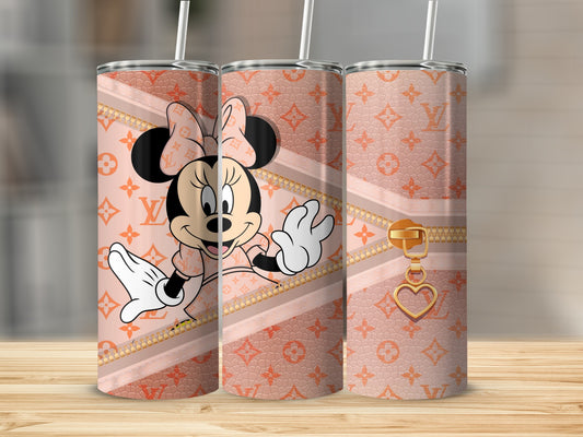 Minnie Mouse with zipper and heart charm on patterned tumbler.