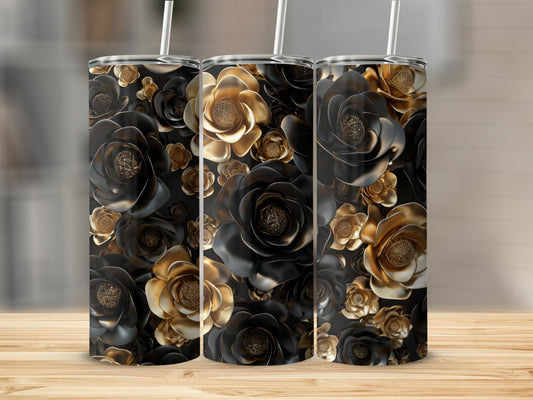 Three tumblers with a dark floral pattern of black and gold roses.