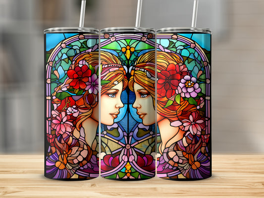 Three tumblers featuring a stained glass design of a woman's profile with floral accents.