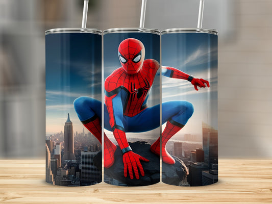 Spiderman crouches on a rock with city skyline background.