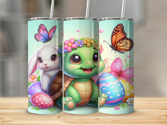 Easter tumbler with a bunny, turtle, and decorated eggs.