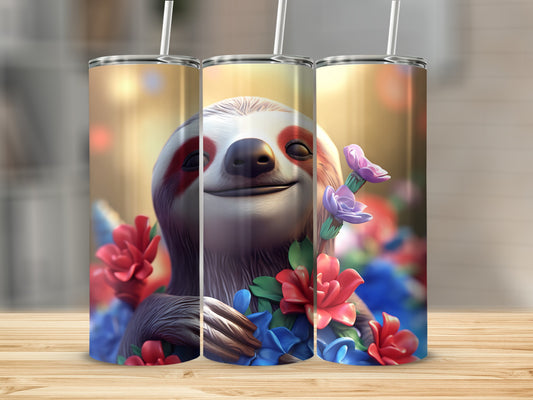Three tumblers featuring a smiling sloth with colorful flowers.