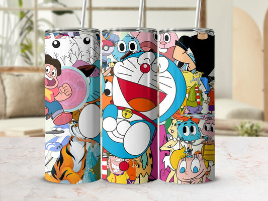 Colorful Cartoon Characters Printed Tumbler with Straw