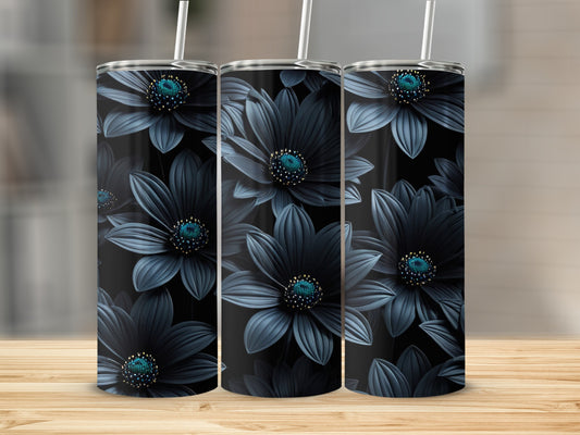 Black floral pattern on three tumblers with straws.