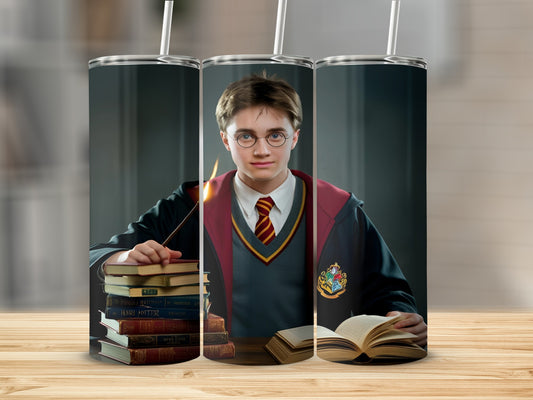 Harry Potter holding a wand with a stack of books.