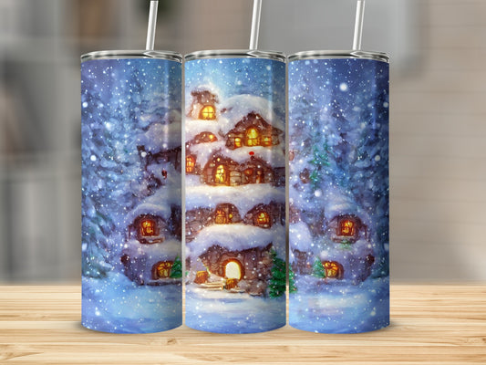 Three snow-covered cottages with glowing windows in a winter forest.