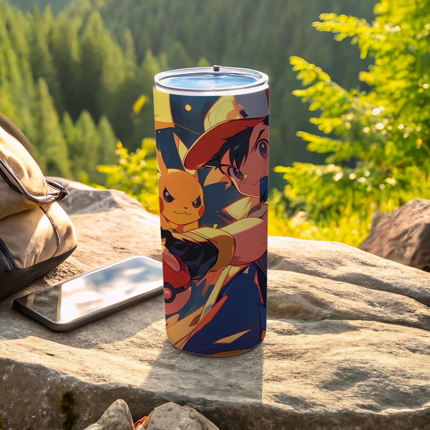 Vibrant Pikachu and Trainer Design Travel Mug