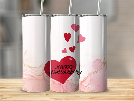 White tumbler with pink marble design, red heart, and "Happy Anniversary" text.