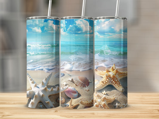 Three tumblers with beach scene, seashells, and starfish.