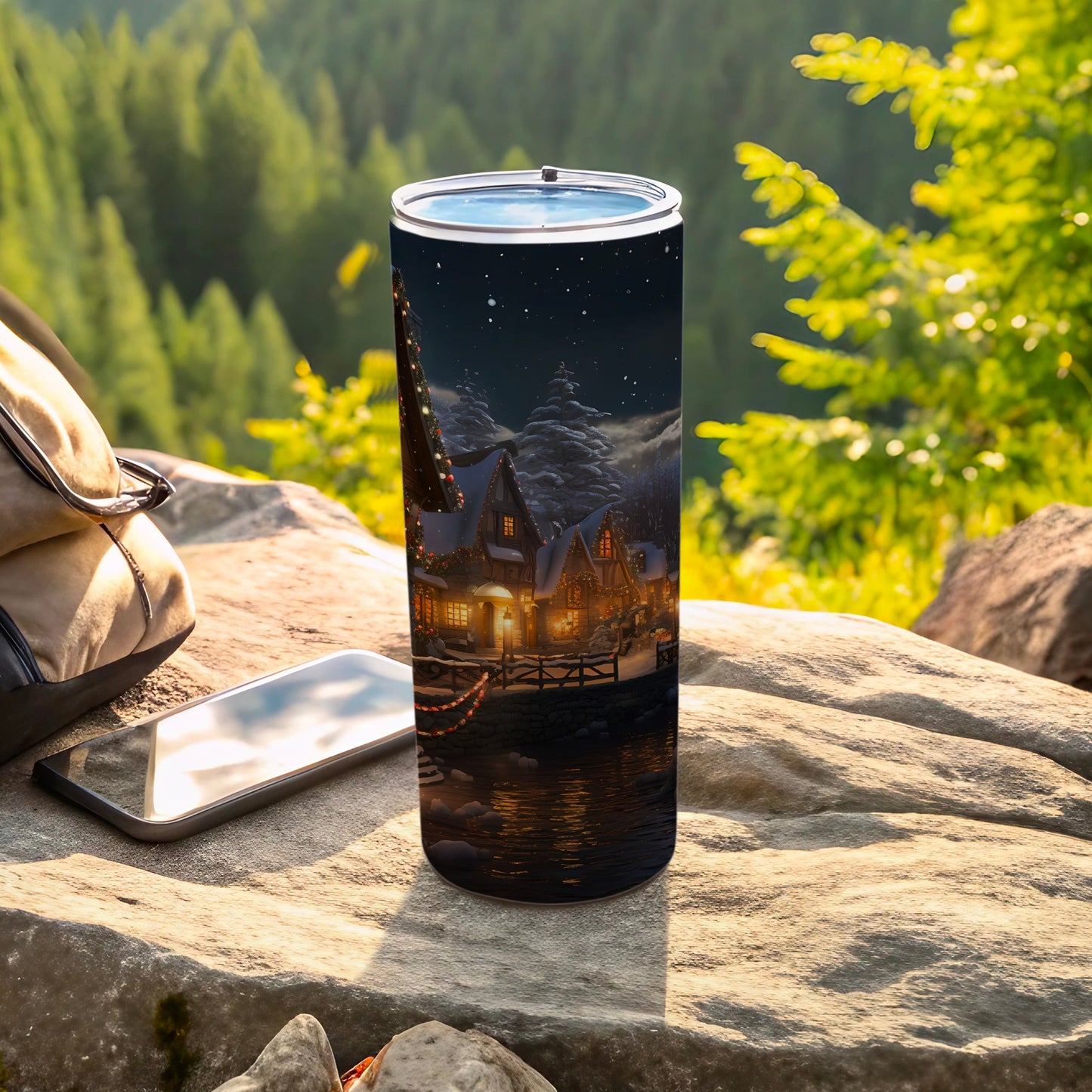 Charming Nighttime Village Scene Outdoor Tumbler