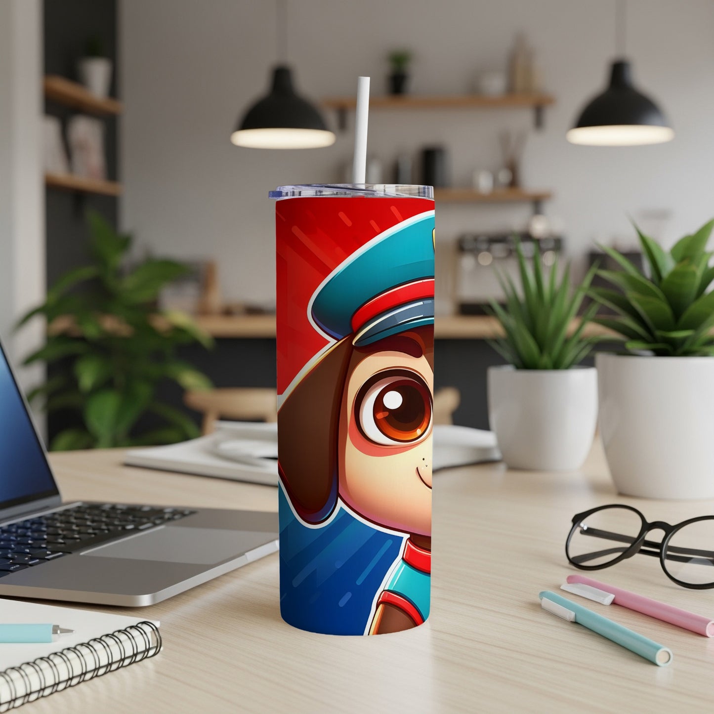 Blue and red Paw Patrol tumbler with Chase character.