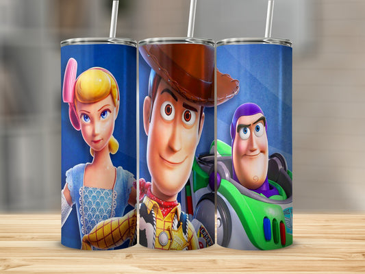 Bo Peep, Woody, and Buzz Lightyear characters on blue patterned tumbler with straw.