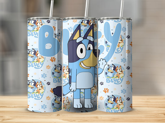 Bluey the cartoon dog on a light blue patterned tumbler with paw prints.