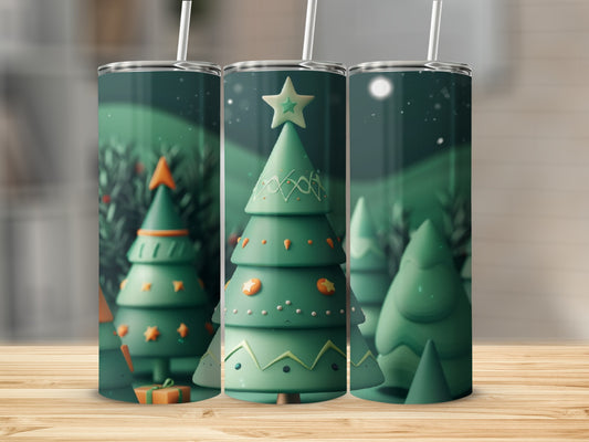 Three festive green Christmas trees with decorations and a starry night background.