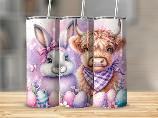 Easter bunny and Highland cow with pastel eggs and flowers.