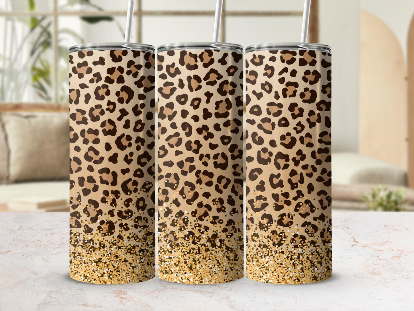 Stylish Leopard Print Tumbler with Glitter Gradient Design