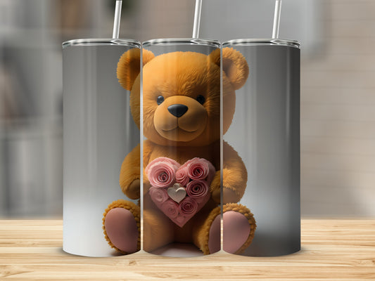 Cute Teddy Bear with Heart Design on Insulated Tumbler