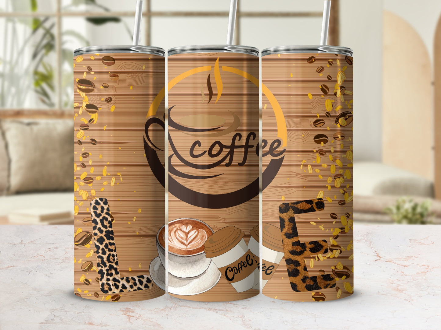 Leopard Print Coffee Tumbler with Coffee Beans Design