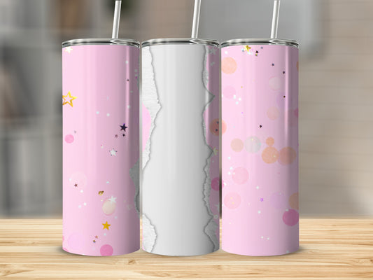 Pink tumbler with stars and bokeh, white torn paper overlay.