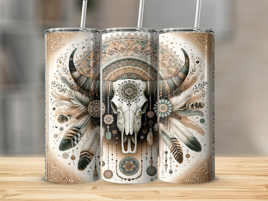 Boho-style buffalo skull tumbler with feathers and mandala patterns.