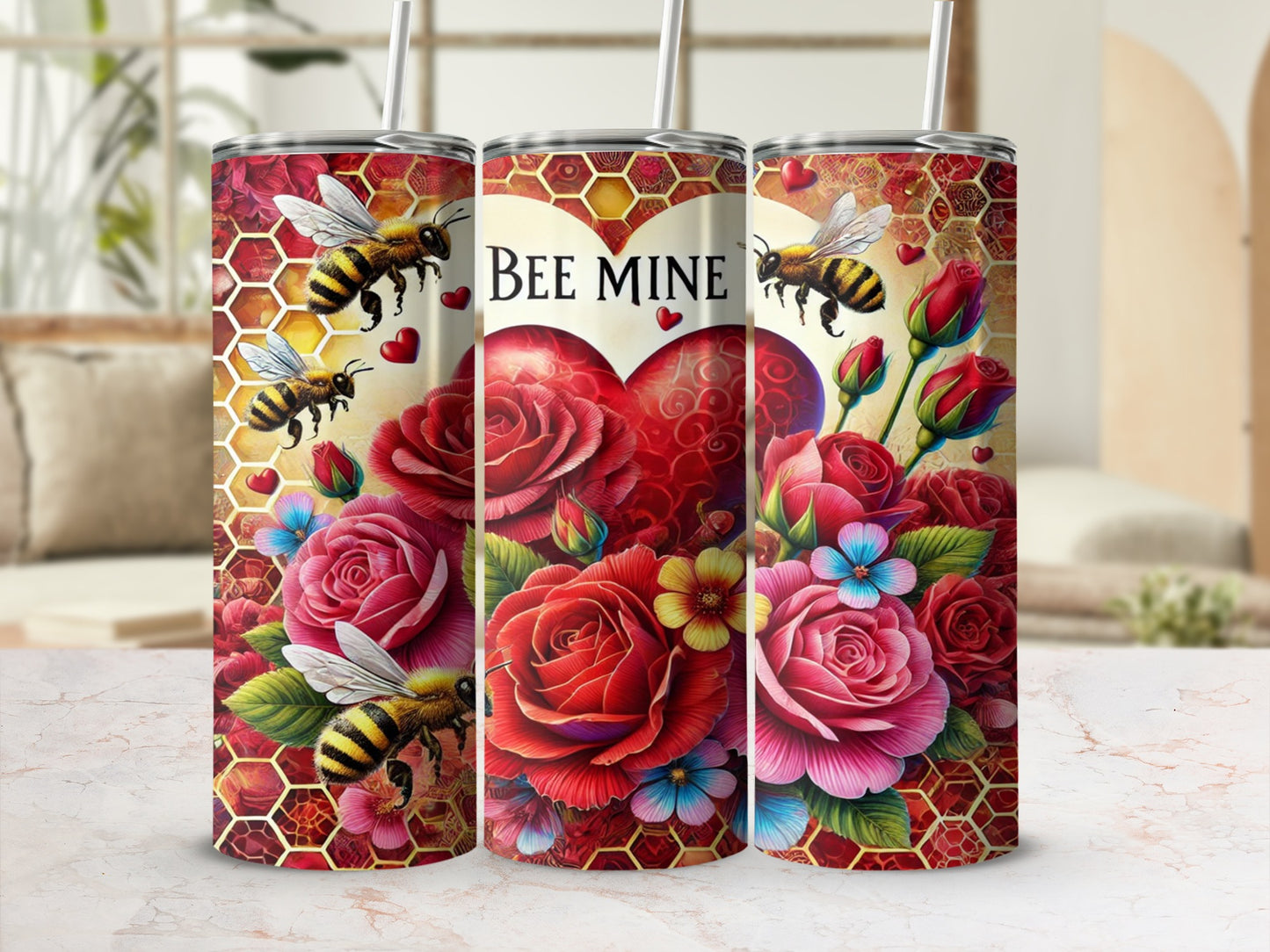 Bee Mine Vibrant Floral Honeycomb Travel Tumbler
