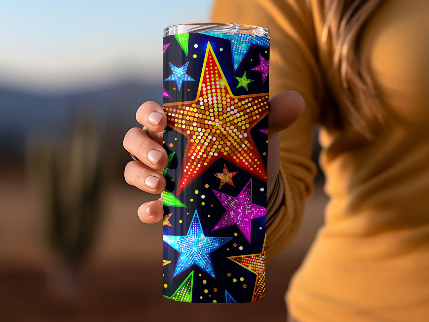Dotted Stars Pattern Neon Glow Colors On Dark Background Tumblers