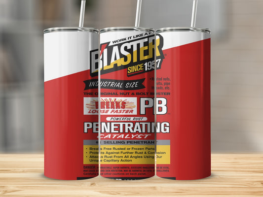 Blaster PB Powerful Rust Penetrating Catalyst lubricant spray can with wooden background.