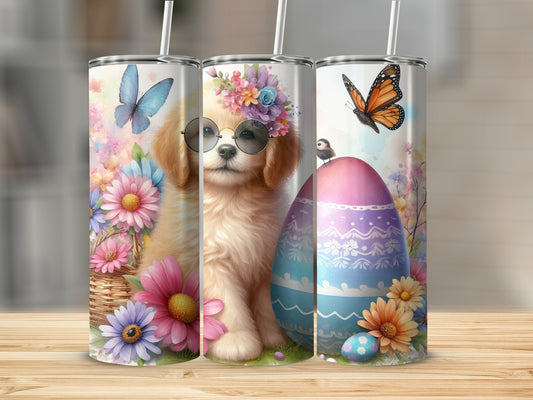 Easter-themed tumblers with puppy, flowers, butterfly, and decorated egg.