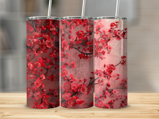 Three tumblers with a red floral cherry blossom design.