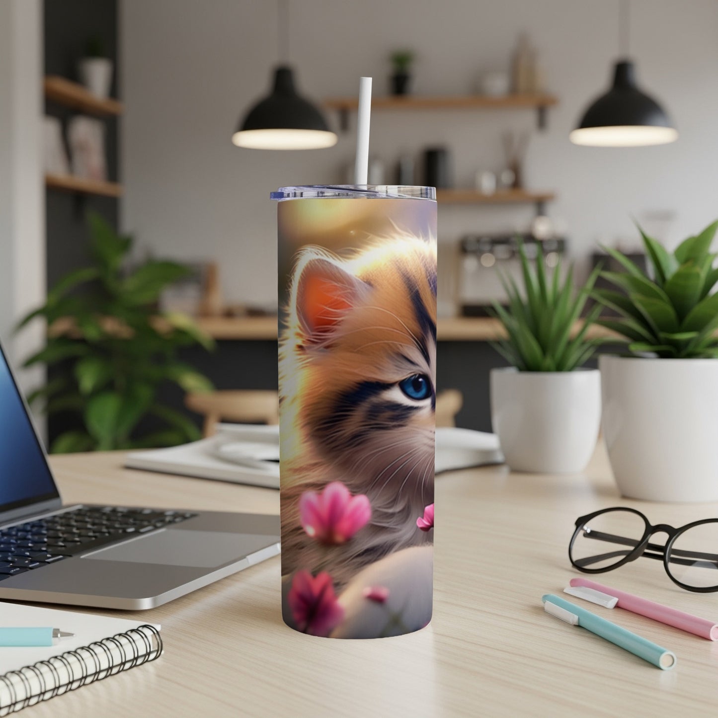 Close-up of a tabby kitten's face with blue eyes and pink flowers on a tumbler.