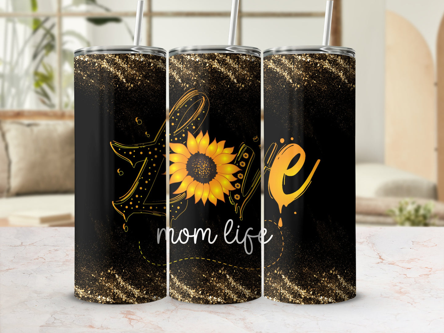 Sunflower Love Mom Life Glitter Print Tumbler