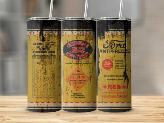 Ford Anti-Freeze tumbler with vintage radiator protection chart and caution labels.