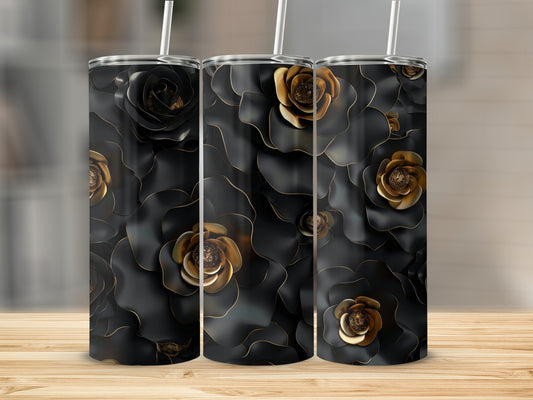 Three tumblers with a black floral design and gold accents.